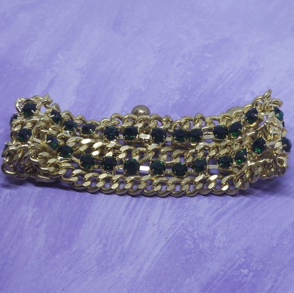 Gold Tone & Green Rhinestone Chain Chunky Bracelet - Picture 9 of 9